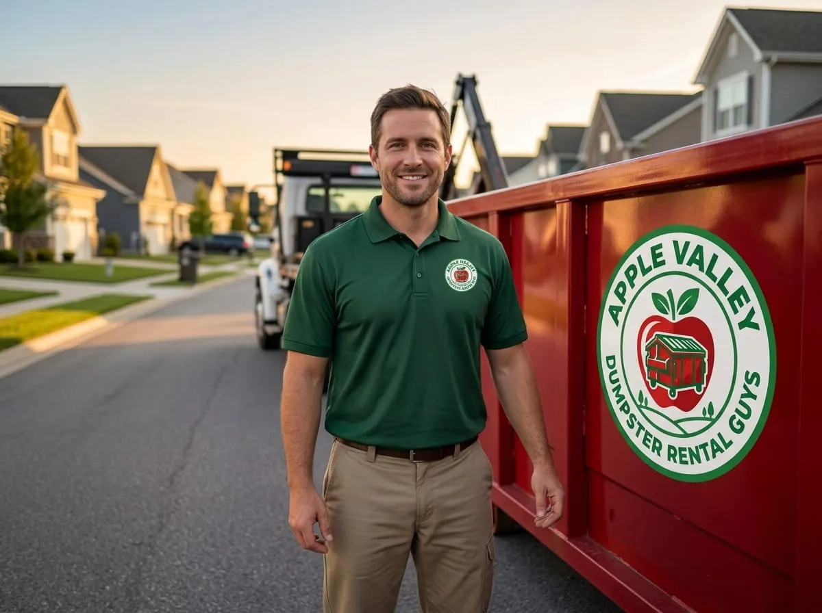 Roll-off dumpster set on protection boards on a driveway in Apple Valley, Minnesota