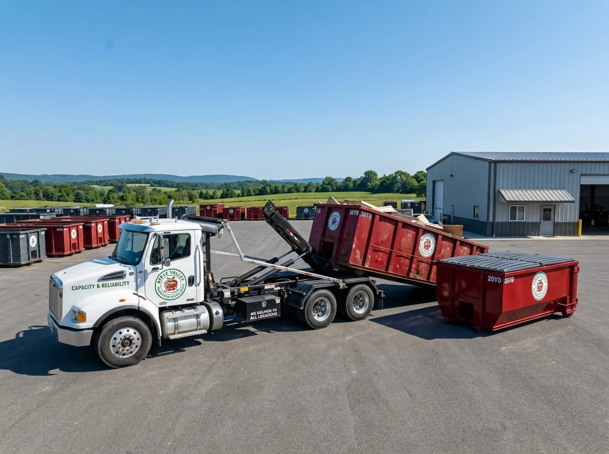 Red roll-off dumpster in service on a job site in Apple Valley, MN Red roll-off dumpster in service on a job site in Apple Valley, MN
