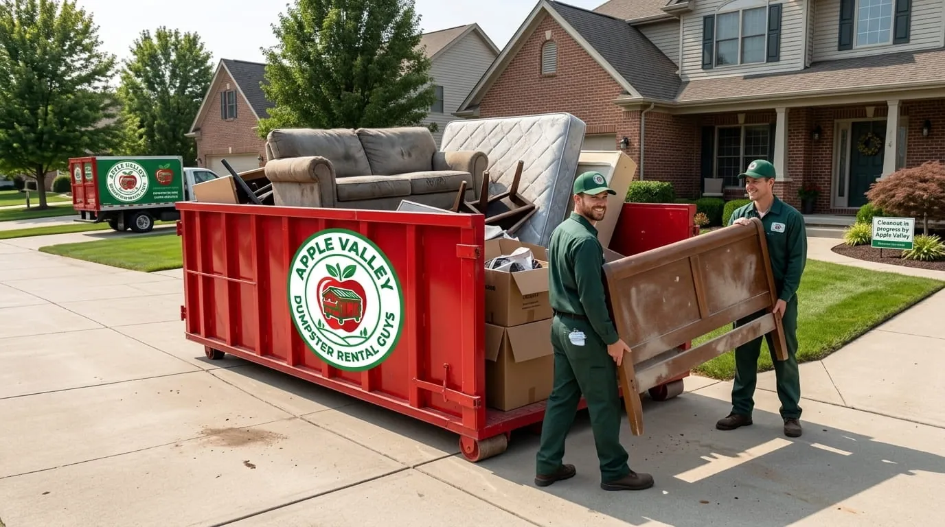 Apple Valley Dumpster Rental Guys roll-off container and truck working a job in Dakota County Apple Valley Dumpster Rental Guys roll-off container and truck working a job in Dakota County